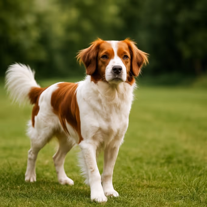 A high-resolution photograph features a Drentsche Patrijshond sitting in a field, showcasing its white-and-brown coat and alert expression.