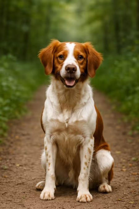 A Brittany Spaniel sitting on a dirt path outdoors with a white and orange coat, floppy ears, and an alert expression.