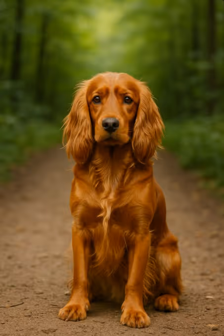 English Cocker Spaniel sitting attentively on a forest path with a glossy chestnut coat, long feathery ears, and expressive dark eyes