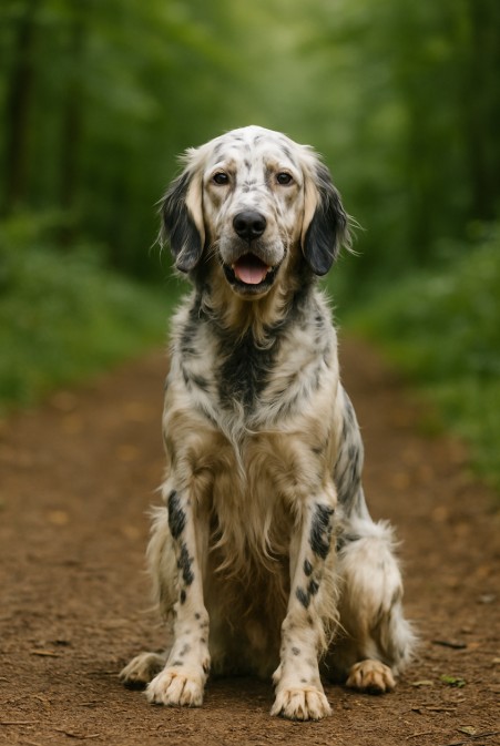 English Setter dog sitting on a forest path with a silky white coat and black speckled markings
