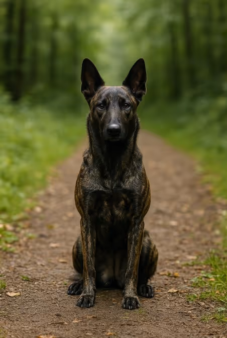 A photograph features a Dutch Shepherd dog sitting on a forest path, showcasing its brindle coat and alert, intelligent expression.