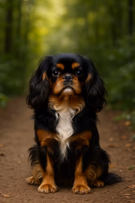 A high-resolution photograph of an English Toy Spaniel sitting on a forest path, showcasing its glossy black, tan, and white coat.