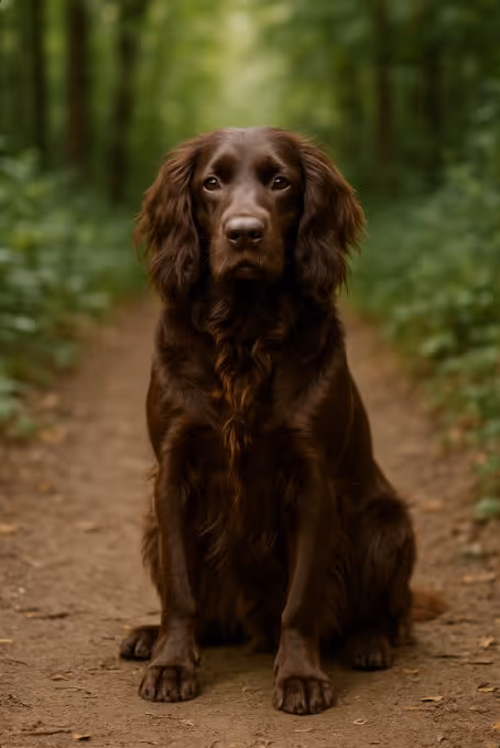 A high-resolution photograph of a liver-colored Field Spaniel sitting attentively on a forest path, surrounded by lush greenery.