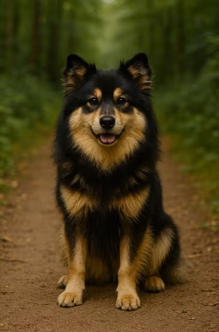 A photograph of a Finnish Lapphund with a thick, fluffy coat sitting on a forest trail, looking directly at the camera with a friendly expression.