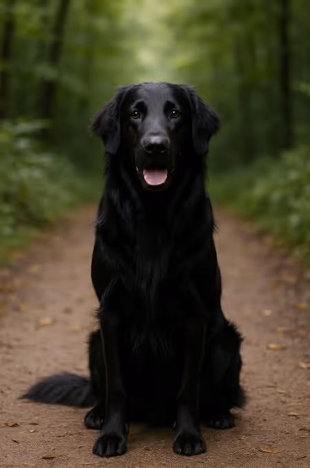 A photograph captures a Flat-Coated Retriever sitting on a forest path, its glossy black coat shining under soft natural light.