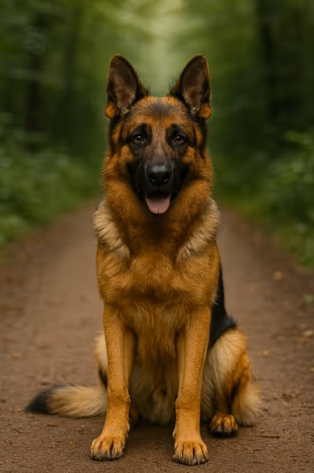 A photograph of a German Shepherd dog sitting on a forest trail, showcasing its alert expression, black and tan coat, and upright ears.