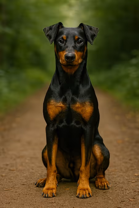 A high-resolution photograph captures a German Pinscher sitting attentively on a forest path, its sleek black and tan coat shining under natural light.