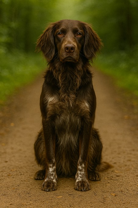 A photograph captures a German Longhaired Pointer sitting on a forest path, showcasing its wavy brown coat and attentive amber eyes.