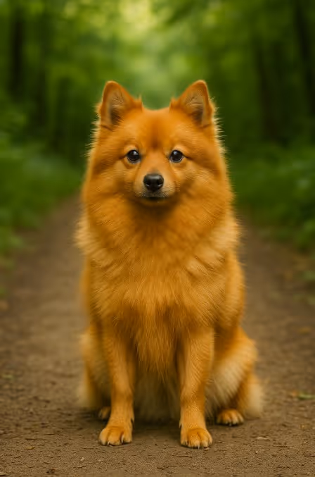 A photograph of a German Spitz dog sitting on a dirt path in a green forest, with its reddish-orange fluffy coat and alert expression.