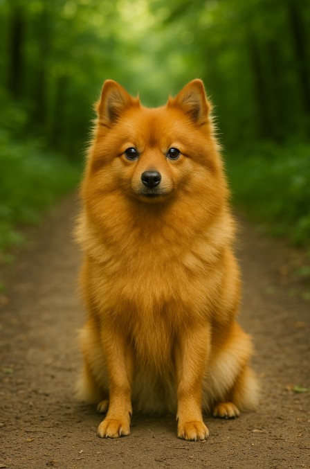 A photograph of a German Spitz dog sitting on a dirt path in a green forest, with its reddish-orange fluffy coat and alert expression.