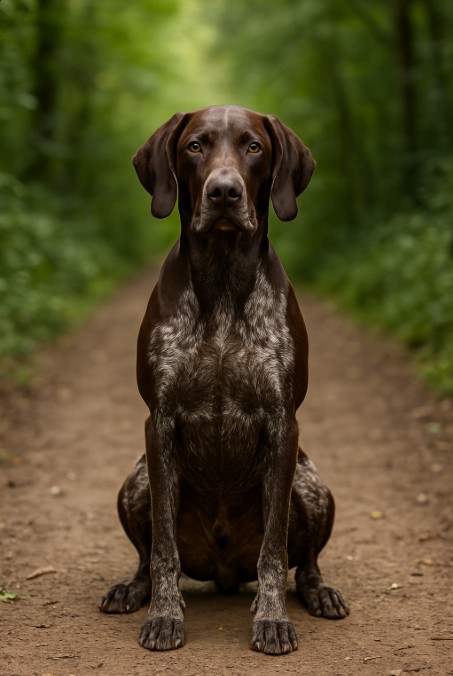 high-resolution photograph captures a German Shorthaired Pointer sitting attentively on a forest path, showcasing its muscular build, liver-colored coat, and alert expression.