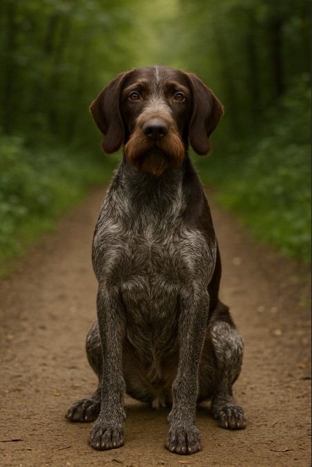 A German Wirehaired Pointer with a coarse liver and white coat sits attentively on a forest path, surrounded by lush greenery.