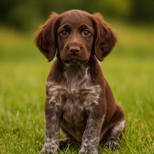 German Longhaired Pointer puppy sitting in grass – cute dog names inspiration for male, female, and unique ideas