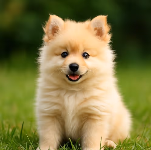 German Spitz puppy sitting in grass – cute male, female, and unique dog name ideas inspiration