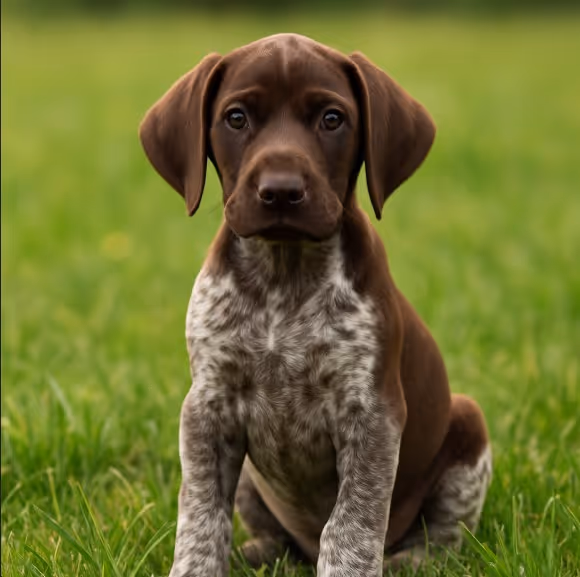 German Shorthaired Pointer puppy sitting in grass – male, female, and unique dog name ideas inspiration