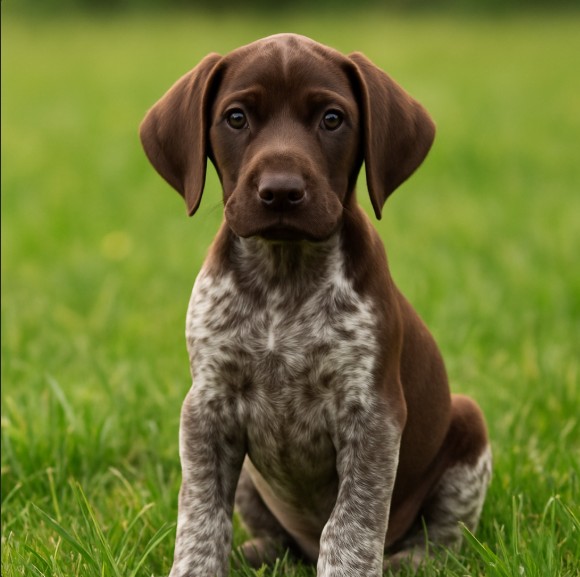 German Shorthaired Pointer puppy sitting in grass – male, female, and unique dog name ideas inspiration