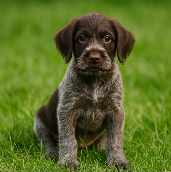 German Wirehaired Pointer puppy sitting in grass – male, female, and unique dog name ideas inspiration