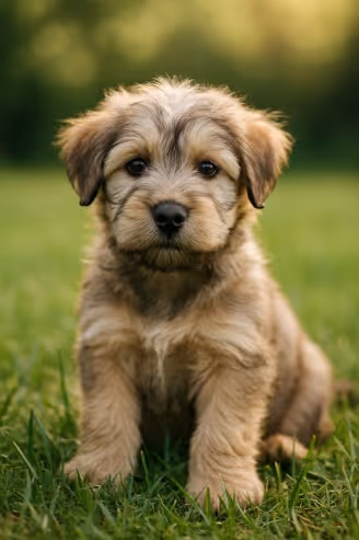 Glen of Imaal Terrier puppy sitting in grass – cute male, female, and unique dog name ideas inspiration