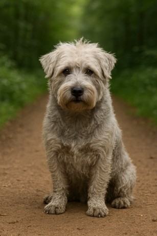 A high-resolution photograph captures a Glen of Imaal Terrier with a shaggy gray coat sitting calmly on a dirt forest path, looking directly at the camera with a composed expression.