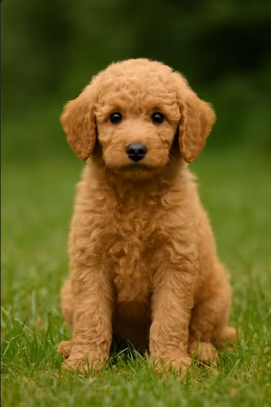 Apricot Poodle puppy sitting on grass – male, female, and unique dog name ideas inspiration