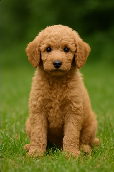 Apricot Poodle puppy sitting on grass – male, female, and unique dog name ideas inspiration