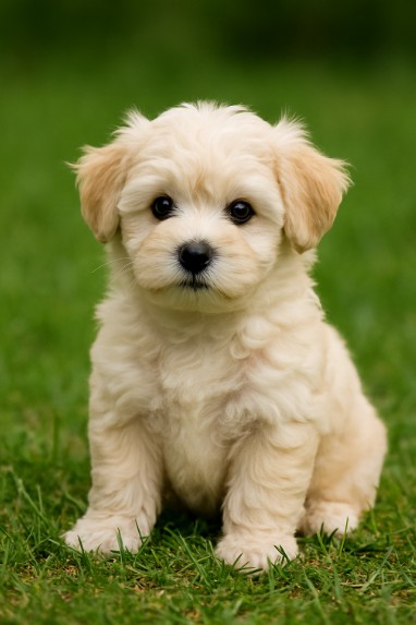 Havanese puppy sitting on grass with cream-colored fluffy coat – male, female, and unique dog name ideas inspiration