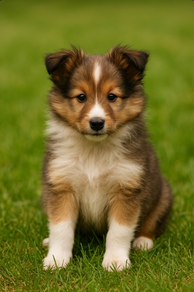 Shetland Sheepdog puppy sitting on grass – male, female, and unique dog name ideas inspiration