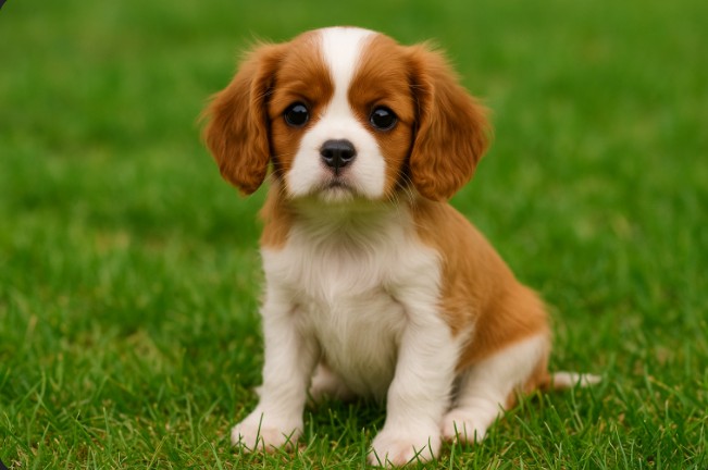 Cavalier King Charles Spaniel puppy sitting on grass – male, female, and unique dog name ideas inspiration