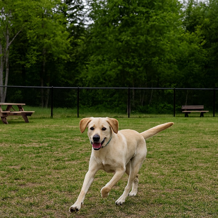 Happy dog running through the fenced South Shore Vet Dog Zone in Bridgewater, Nova Scotia