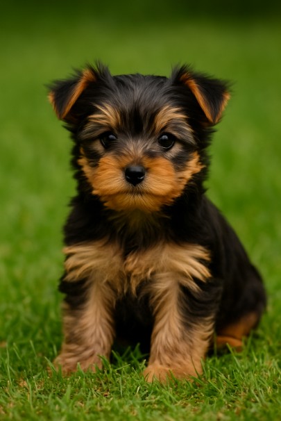 Yorkshire Terrier puppy sitting on grass with black and tan coat – male, female, and unique dog name ideas inspiration