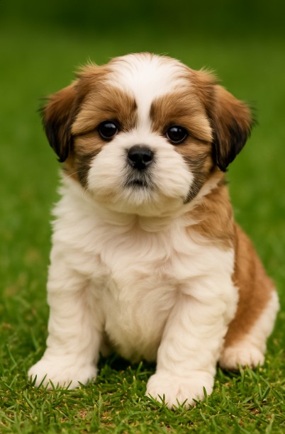 Shih Tzu puppy sitting on grass with fluffy white and tan coat – male, female, and unique dog name ideas inspiration
