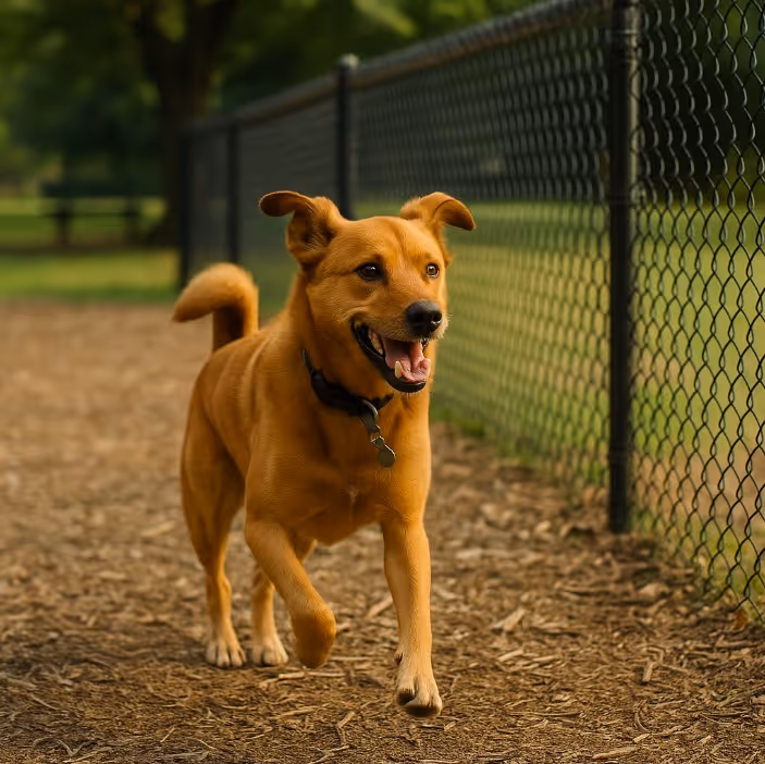 A joyful dog running through the grassy off-leash dog park in Kentville, Nova Scotia