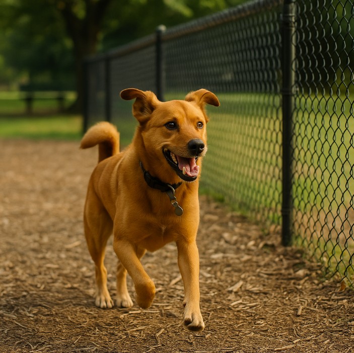 A joyful dog running through the grassy off-leash dog park in Kentville, Nova Scotia