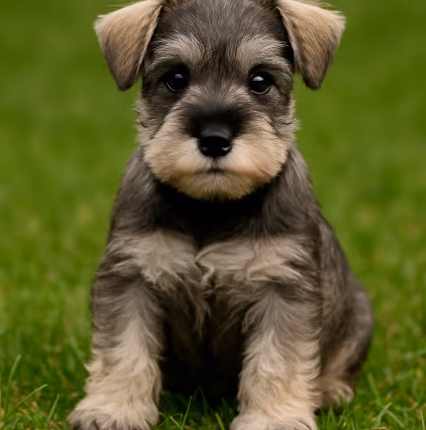 Miniature Schnauzer puppy sitting on grass with salt-and-pepper coat – male, female, and unique dog name ideas inspiration