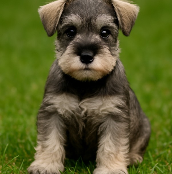 Miniature Schnauzer puppy sitting on grass with salt-and-pepper coat – male, female, and unique dog name ideas inspiration
