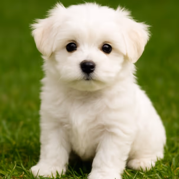 Maltese puppy sitting on grass with fluffy white coat – male, female, and unique dog name ideas inspiration