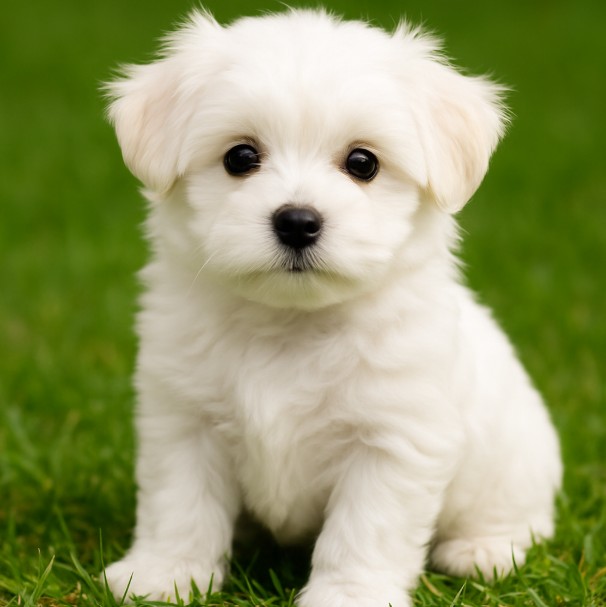 Maltese puppy sitting on grass with fluffy white coat – male, female, and unique dog name ideas inspiration