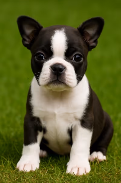 Boston Terrier puppy sitting on grass with black and white tuxedo coat – male, female, and unique dog name ideas inspiration