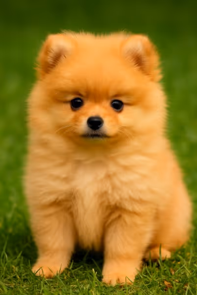 Pomeranian puppy sitting on grass with fluffy orange coat – male, female, and unique dog name ideas inspiration