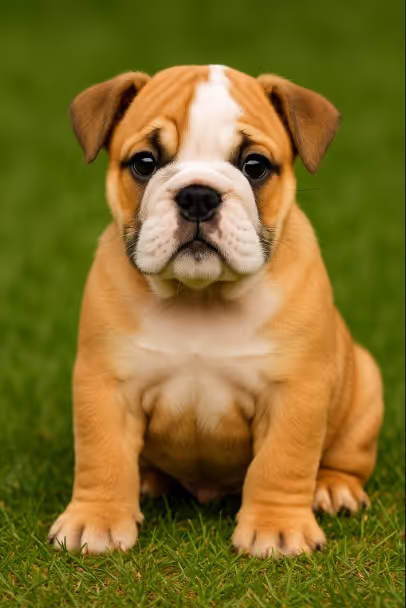 Bulldog puppy sitting on grass with fawn and white coat – male, female, and unique dog name ideas inspiration