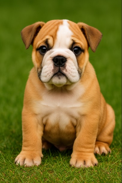 Bulldog puppy sitting on grass with fawn and white coat – male, female, and unique dog name ideas inspiration