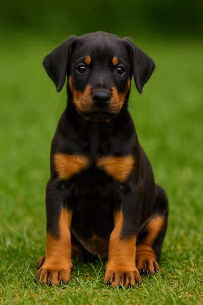 Doberman Pinscher puppy sitting on grass with black and rust coat – male, female, and unique dog name ideas inspiration