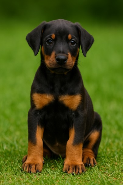 Doberman Pinscher puppy sitting on grass with black and rust coat – male, female, and unique dog name ideas inspiration