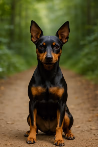 A high-resolution photograph captures a Miniature Pinscher with a sleek black and tan coat sitting on a dirt forest path, ears erect and expression alert.