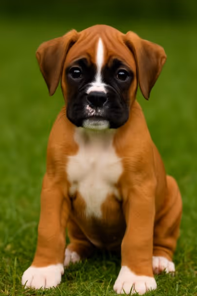 Boxer puppy sitting on grass with fawn coat and white chest – male, female, and unique dog name ideas inspiration