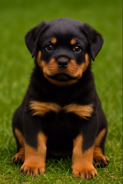 Rottweiler puppy sitting on grass with black and tan coat – male, female, and unique dog name ideas inspiration