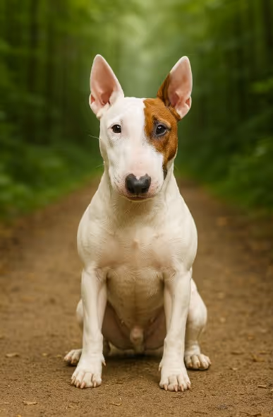 A high-resolution photograph captures a Miniature Bull Terrier with a white coat and a brown patch over one eye, sitting on a dirt forest path with an alert expression.