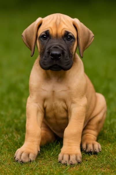 Great Dane puppy sitting on grass with fawn coat and black mask – male, female, and unique dog name ideas inspiration