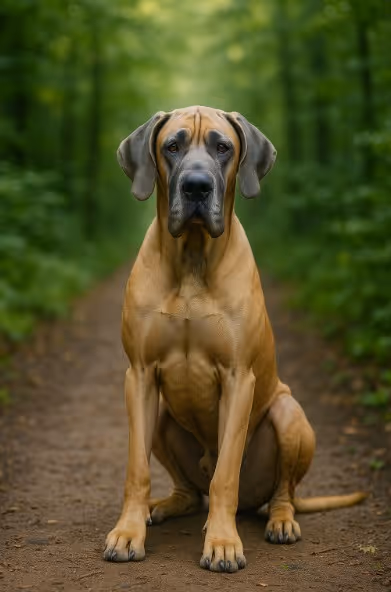 A high-resolution photograph captures a Great Dane with a sleek fawn coat and black mask sitting on a dirt forest path, looking calm and gentle.