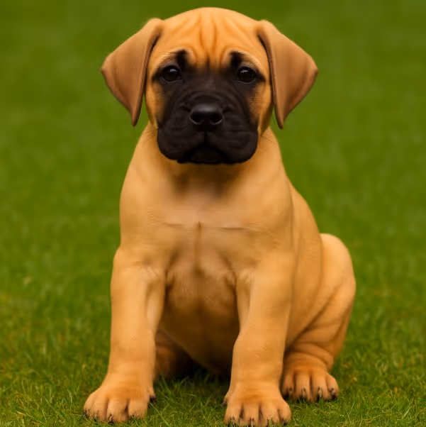 Mastiff puppy sitting fully on grass with fawn coat and black mask – male, female, and unique dog name ideas inspiration